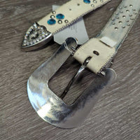 Leather Western Belt, Hvy Bling Buckle *gc, mnr dents, stains, loose threads, stretched holes, older

