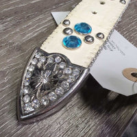 Leather Western Belt, Hvy Bling Buckle *gc, mnr dents, stains, loose threads, stretched holes, older
