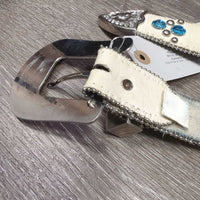 Leather Western Belt, Hvy Bling Buckle *gc, mnr dents, stains, loose threads, stretched holes, older
