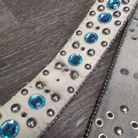 Leather Western Belt, Hvy Bling Buckle *gc, mnr dents, stains, loose threads, stretched holes, older
