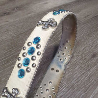 Leather Western Belt, Hvy Bling Buckle *gc, mnr dents, stains, loose threads, stretched holes, older
