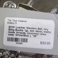 Leather Western Belt, Hvy Bling Buckle *gc, mnr dents, stains, loose threads, stretched holes, older
