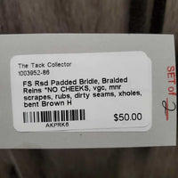 FS Rsd Padded Bridle, Braided Reins *NO CHEEKS, vgc, mnr scrapes, rubs, dirty seams, xholes, bent
