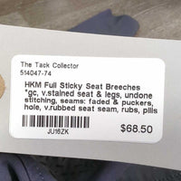 Full Sticky Seat Breeches *gc, v.stained seat & legs, undone stitching, seams: faded & puckers, hole, v.rubbed seat seam, rubs, pills
