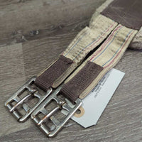 Nylon Web & Fleece Lined Girth, D Ring, 2x els *poor, dirty, v.stretched & thin els, v.curled/folded edges, older, dingy, clumpy, rubs, v.hairy
