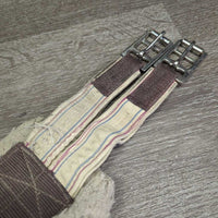 Nylon Web & Fleece Lined Girth, D Ring, 2x els *poor, dirty, v.stretched & thin els, v.curled/folded edges, older, dingy, clumpy, rubs, v.hairy
