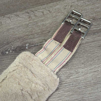 Nylon Web & Fleece Lined Girth, D Ring, 2x els *poor, dirty, v.stretched & thin els, v.curled/folded edges, older, dingy, clumpy, rubs, v.hairy
