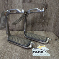 Safety Peacock Stirrups *gc/fair, Mismatched/1 bent top, clean, residue, rubs, scratches, NO elastics or Keepers
