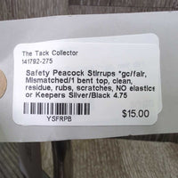 Safety Peacock Stirrups *gc/fair, Mismatched/1 bent top, clean, residue, rubs, scratches, NO elastics or Keepers
