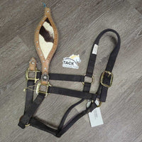 Thick Soft Nylon Halter, Leather Bronc Noseband "Barrel Series: *gc/fair, BROKEN, dirty, stains, hair
