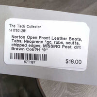 Open Front Leather Boots, Tabs, Neoprene *gc, rubs, scuffs, chipped edges, MISSING Post, dirt
