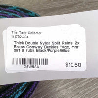 Thick Double Nylon Split Reins, 2x Brass Conway Buckles *vgc, mnr dirt & rubs

