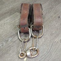 Hvy Leather Hobbles, chains *gc/fair, older, rusty, scrapes, curled edges, v.loose/v.pokey out rivet
