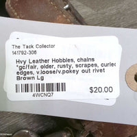 Hvy Leather Hobbles, chains *gc/fair, older, rusty, scrapes, curled edges, v.loose/v.pokey out rivet

