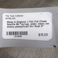 v.Thin Full Cheek Snaffle Bit *xc/vgc, older, clean, mnr stains, peeled?rust
