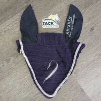 Crochet Ear Bonnet Fly Veil, piping *fair, older, v.faded, v.shrunk & curled, peeling piping

