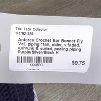 Crochet Ear Bonnet Fly Veil, piping *fair, older, v.faded, v.shrunk & curled, peeling piping
