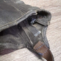 Thick Leather Half Chaps *gc/fair, dirty, rubs, scrapes, curled seams, older, mnr unstitched seams & edges
