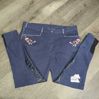 Denim Euroseat Breeches *vgc/gc, threads, embroidery rubs, knees: peeled, rubs & faded

