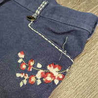 Denim Euroseat Breeches *vgc/gc, threads, embroidery rubs, knees: peeled, rubs & faded
