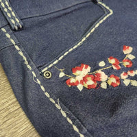 Denim Euroseat Breeches *vgc/gc, threads, embroidery rubs, knees: peeled, rubs & faded
