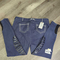 Denim Euroseat Breeches *vgc/gc, threads, embroidery rubs, knees: peeled, rubs & faded
