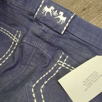 Denim Euroseat Breeches *vgc/gc, threads, embroidery rubs, knees: peeled, rubs & faded
