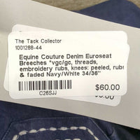 Denim Euroseat Breeches *vgc/gc, threads, embroidery rubs, knees: peeled, rubs & faded
