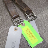 VINTAGE Stirrup Leathers, roller buckles *gc/fair, dry, stiff, xholes, chewed, V.UNEVEN, mnr UNSTITCHED, sharp roller buckles, loose pins
