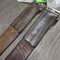 VINTAGE Stirrup Leathers, roller buckles *gc/fair, dry, stiff, xholes, chewed, V.UNEVEN, mnr UNSTITCHED, sharp roller buckles, loose pins
