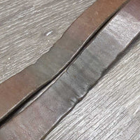 VINTAGE Stirrup Leathers, roller buckles *gc/fair, dry, stiff, xholes, chewed, V.UNEVEN, mnr UNSTITCHED, sharp roller buckles, loose pins
