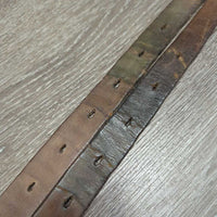 VINTAGE Stirrup Leathers, roller buckles *gc/fair, dry, stiff, xholes, chewed, V.UNEVEN, mnr UNSTITCHED, sharp roller buckles, loose pins
