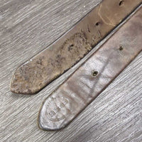 VINTAGE Stirrup Leathers, roller buckles *gc/fair, dry, stiff, xholes, chewed, V.UNEVEN, mnr UNSTITCHED, sharp roller buckles, loose pins
