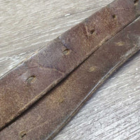 VINTAGE Stirrup Leathers, roller buckles *gc/fair, dry, stiff, xholes, chewed, V.UNEVEN, mnr UNSTITCHED, sharp roller buckles, loose pins
