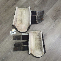 Pr Closed Boots, fleece, velcro *fair, clean, older, stained, clumpy, hair, dirty, v.stretched elastic, faded, loose lining

