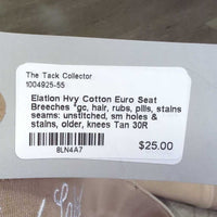 Hvy Cotton Euro Seat Breeches *gc, hair, rubs, pills, stains, seams: unstitched, sm holes & stains, older, knees
