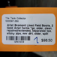 Lined Field Boots, 2 Gold Ariat forms *gc, older, clean, repaired/extended, separated toe, sticky zips, mnr dirt, older, split
