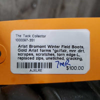 Winter Field Boots, Gold Ariat forms *gc/fair, mnr dirt, scrapes, scratches, torn edge-L, replaced zips, unstiched, cracking, older
