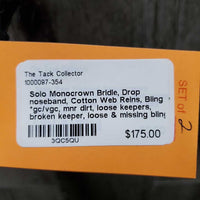 Monocrown Bridle, Drop noseband, Cotton Web Reins, Bling *gc/vgc, mnr dirt, loose keepers, broken keeper, loose & missing bling
