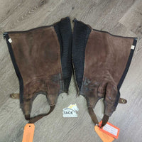 Suede Half Chaps *fair, rubs, stains, dirty, faded, unstitched seams, stretched elastics, threads
