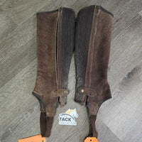 Suede Half Chaps *fair, rubs, stains, dirty, faded, unstitched seams, stretched elastics, threads
