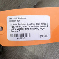 Padded Leather Half Chaps *gc, clean, scuffs, residue, weak & hairy velcro, dirt, cracking logo
