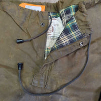 Oilskin Pants, drawstring waist *fair, rubs, older, stains, scratches, Seat: .rubs, unstitched, stains & frayed
