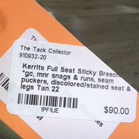 Full Seat Sticky Breeches *gc, mnr snags & runs, seam puckers, discolored/stained seat & legs
