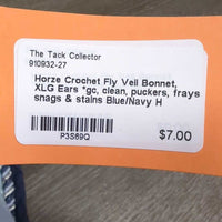 Crochet Fly Veil Ear Bonnet, XLG Ears *gc, clean, puckers, frays, snags & stains

