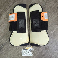Open Front & Hind Boots, velcro *gc, yellowed, discolored, clean, hairy, stains, scrapes, 1 squished
