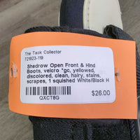 Open Front & Hind Boots, velcro *gc, yellowed, discolored, clean, hairy, stains, scrapes, 1 squished
