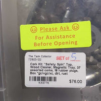 Cork Kit: "Safety Spin" Tap, Wood Cleaner, Magnetic Tray, 37 assorted corks, 18 rubber plugs, Box *gc/vgc/xc, dirt, rust
