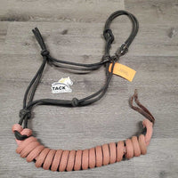 Stiff Nylon Rope Halter, attached Burwash Nylon Lead Rope, leather end *gc/fair, v.frayed, rubs, snags & dirty, no side knot
