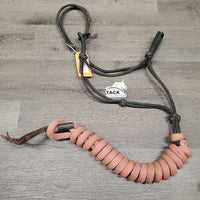 Stiff Nylon Rope Halter, attached Burwash Nylon Lead Rope, leather end *gc/fair, v.frayed, rubs, snags & dirty, no side knot
